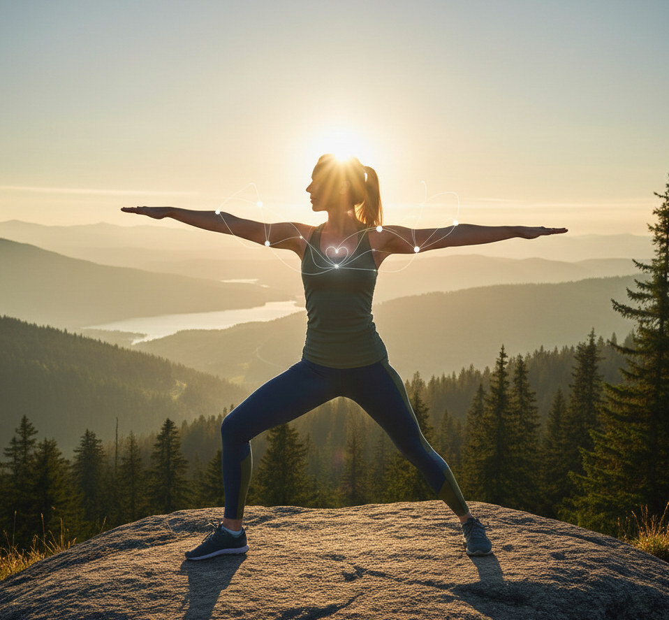 A woman execising on a mountainside. She is healthy and energetic - her well-being transformed.