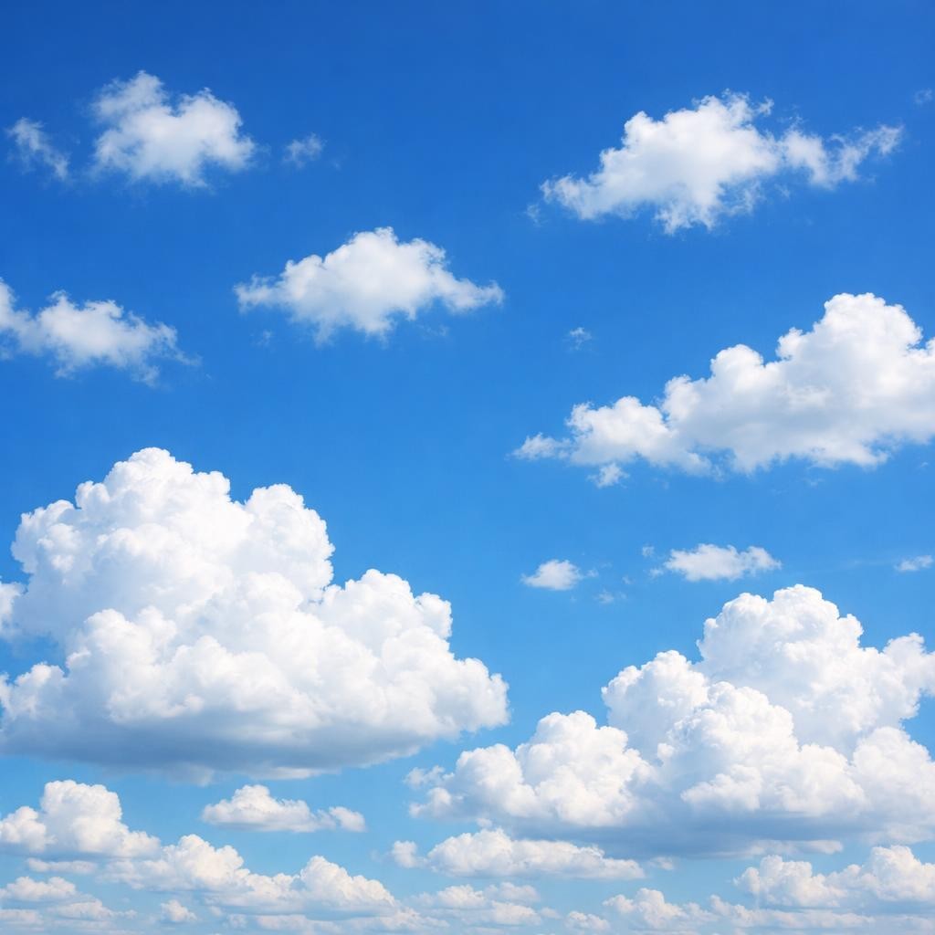 Bright blue sky scattered with large and small fluffy white clouds